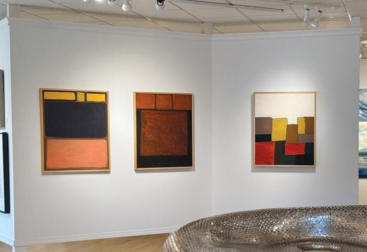 Drie abstracte schilderijen onder gerichte museumverlichting aan een witte wand