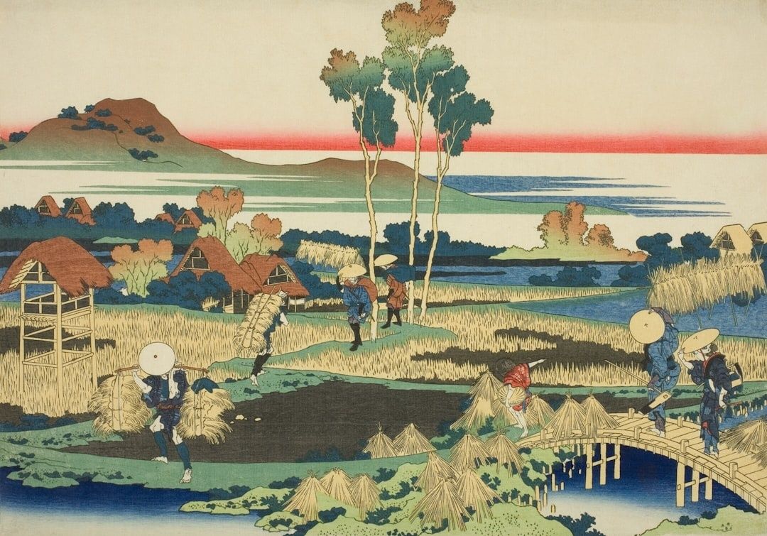 Japanse houtsnede met rijstvelden, werkende boeren en een houten brug