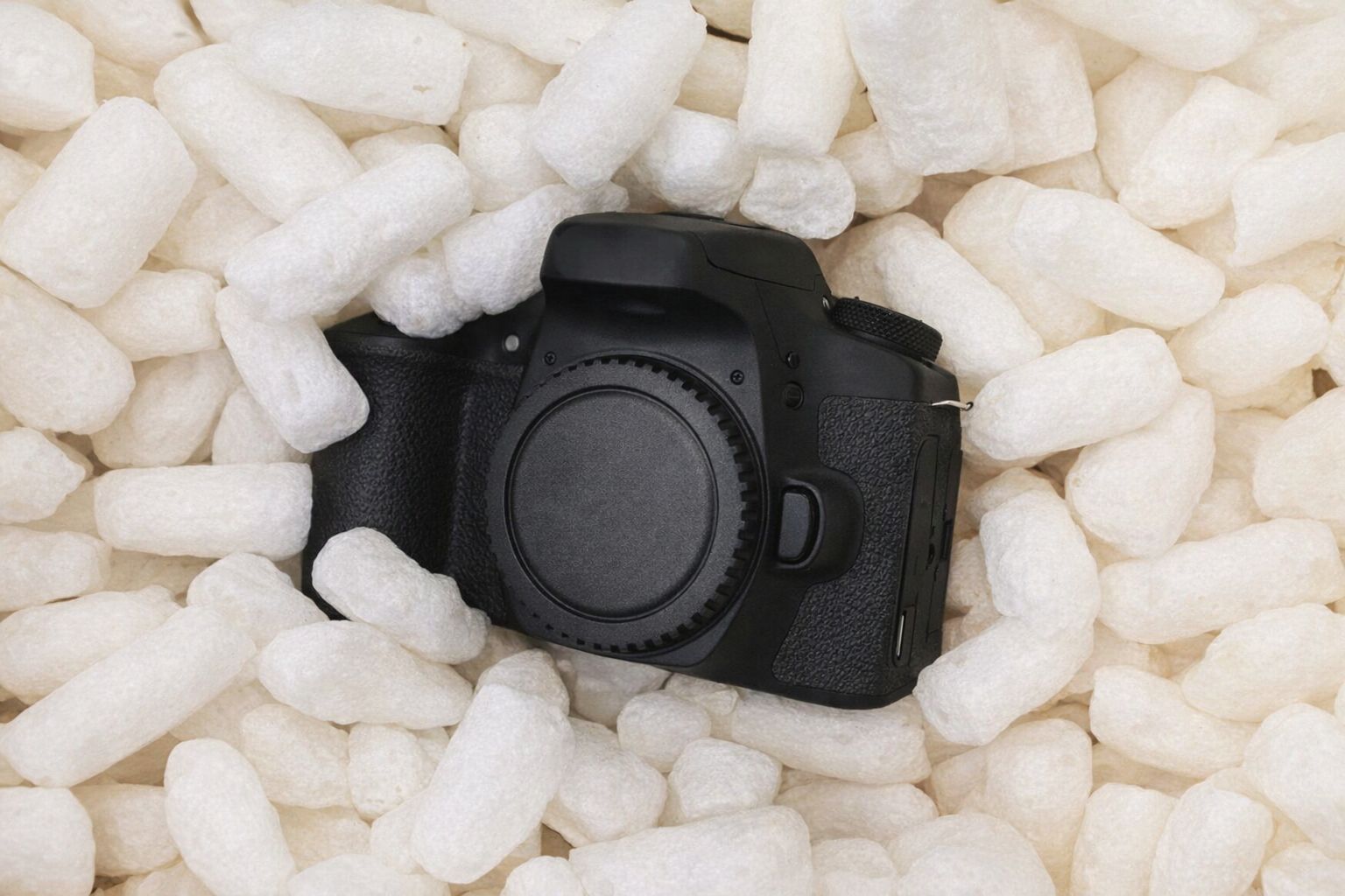 Zwarte digitale camera veilig verpakt in witte schuimpjes.